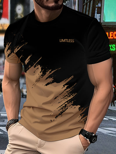 Men's Casual 3D Digital Print Short Sleeve T-Shirt - Black with Red & Gray Brush Stroke Design, Breathable Summer Tee, Regular Fit, Machine Washable, Casual Attire, Modern Textile Technology