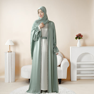 4pcs Set: Poet Sleeve Satin Abaya (MOA009) Eid al-Adha Abaya Muslim Women's Ramadan, Eid al-Fitr, Eid al-Adha, Mawlid, Prayer dress gown robe outfit long robe outfit comfortable soft breathable elegant Middle East Arabic styl