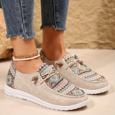 Women's Ethnic Style Printed Canvas Shoes, Casual Lace Up Outdoor Shoes, Lightweight Low Top Sneakers