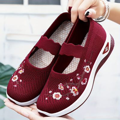 Women's Flower Pattern Sneakers, Breathable Knit Slip On Outdoor Shoes, Comfortable Low Top Shoes