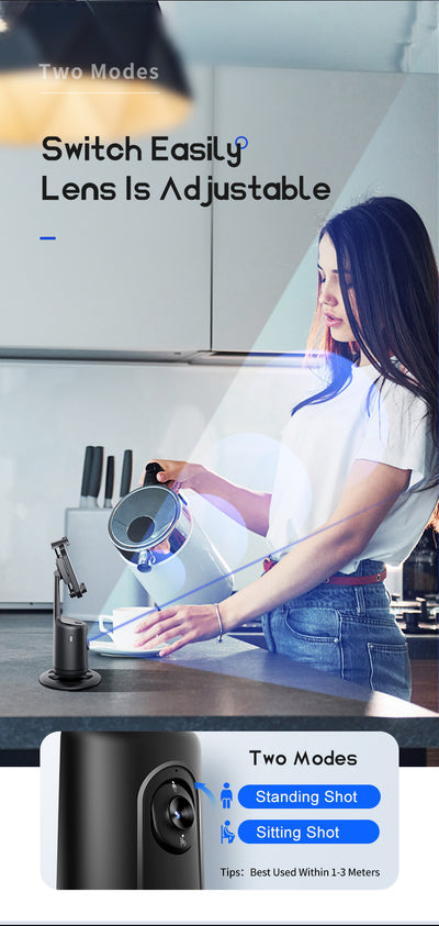 حامل ثلاثي القوائم لتتبع الوجه تلقائيًا، لا يتطلب تطبيقًا، دوران 360 درجة للوجه والجسم وحامل هاتف ذكي لتتبع الهاتف للتصوير الفوتوغرافي والبث المباشر للفيديو، بطارية قابلة لإعادة الشحن، لون أسود