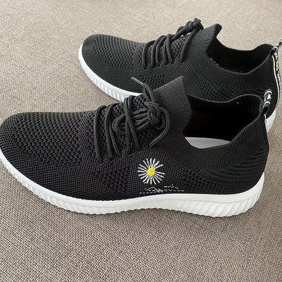 Women's Flower Pattern Sneakers, Breathable Flying Woven Outdoor Shoes, Lightweight Low Top Running Shoes