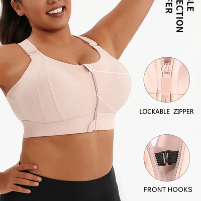 A Women'S Front-Zip Sports Bra, Featuring High Support And Plus Sizes, with Adjustable Straps, Suitable for Yoga, Fitness, And Workouts.