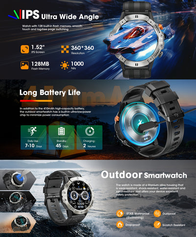 [Smart Watch] 1.52" Synwoo Smart Watch, Touchscreen Outdoor Sports Watch | 410mAh Battery, Pedometer, 100+ Exercise Modes, Camera Control, Weather Forecast, Swimming Mode, Black Strap, Outdoor Fitness Gear