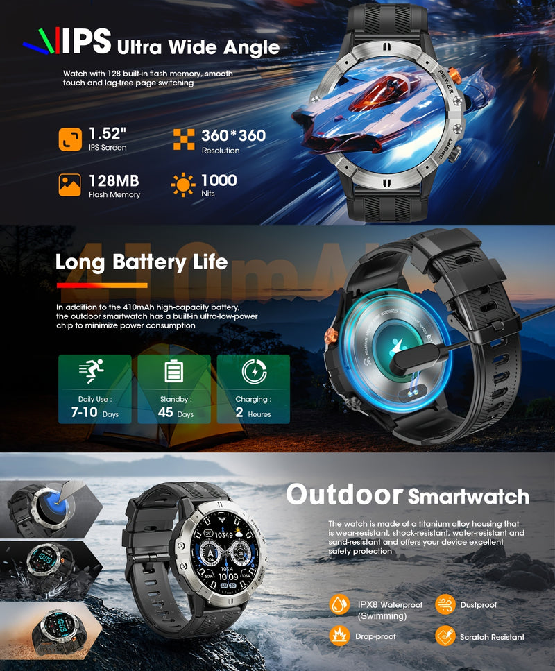 [Smart Watch] 1.52" Synwoo Smart Watch, Touchscreen Outdoor Sports Watch | 410mAh Battery, Pedometer, 100+ Exercise Modes, Camera Control, Weather Forecast, Swimming Mode, Black Strap, Outdoor Fitness Gear