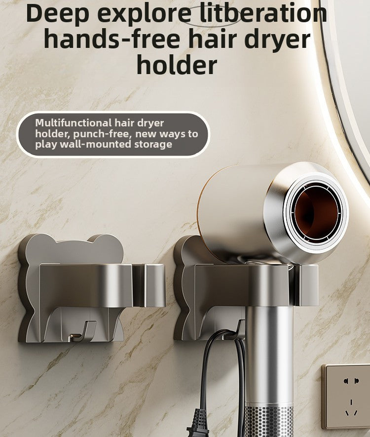 Space-Saving Wall-Mounted Hair Dryer Holder - No Drilling Required, Easy Installation, Compatible with Various Hair Dryer Models for Home & Bathroom Organization, Sleek Black Design with Metallic Accents, Durable Plastic Cons