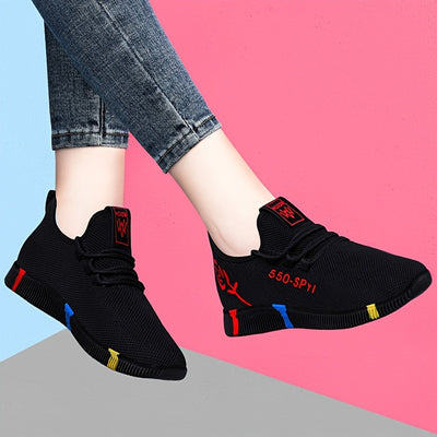 Women's Flower Pattern Sneakers, Breathable Knit Lace Up Outdoor Shoes, Comfortable Low Top Sport Shoes
