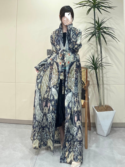 Exclusive Summer New Collection for Eid Al-Fitr 2025, Featuring a Pleated Miyake-Style Coat Cape with Prints, High Elasticity, Ultra-Long Middle Eastern Style Abaya Robe, Suitable for All Seasons. This Versatile Women'S Long-