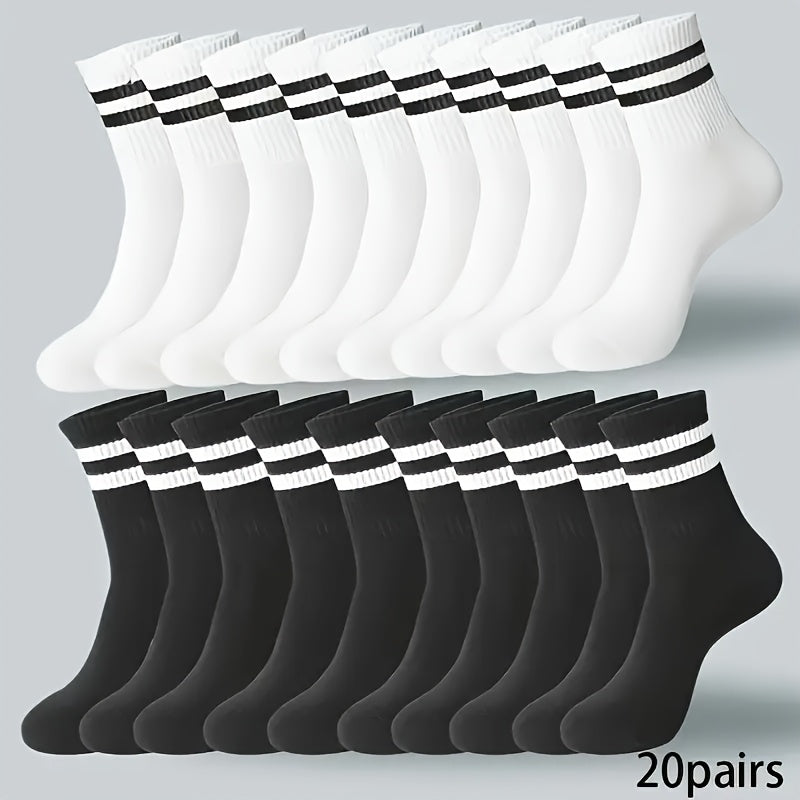 10/20 Dual-Striped Long Socks for Men And Women - Made from Breathable Polyester Knit Fabric, Casual Sports Style, Hand Wash/Dry Clean, Available in Black/White.