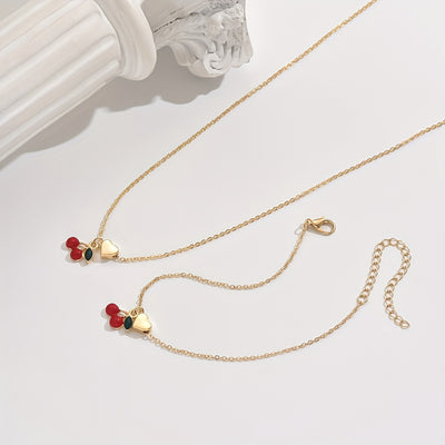 2pcs Set of Exquisite and Elegant Cute Cherry Heart Bracelet and Necklace Combo