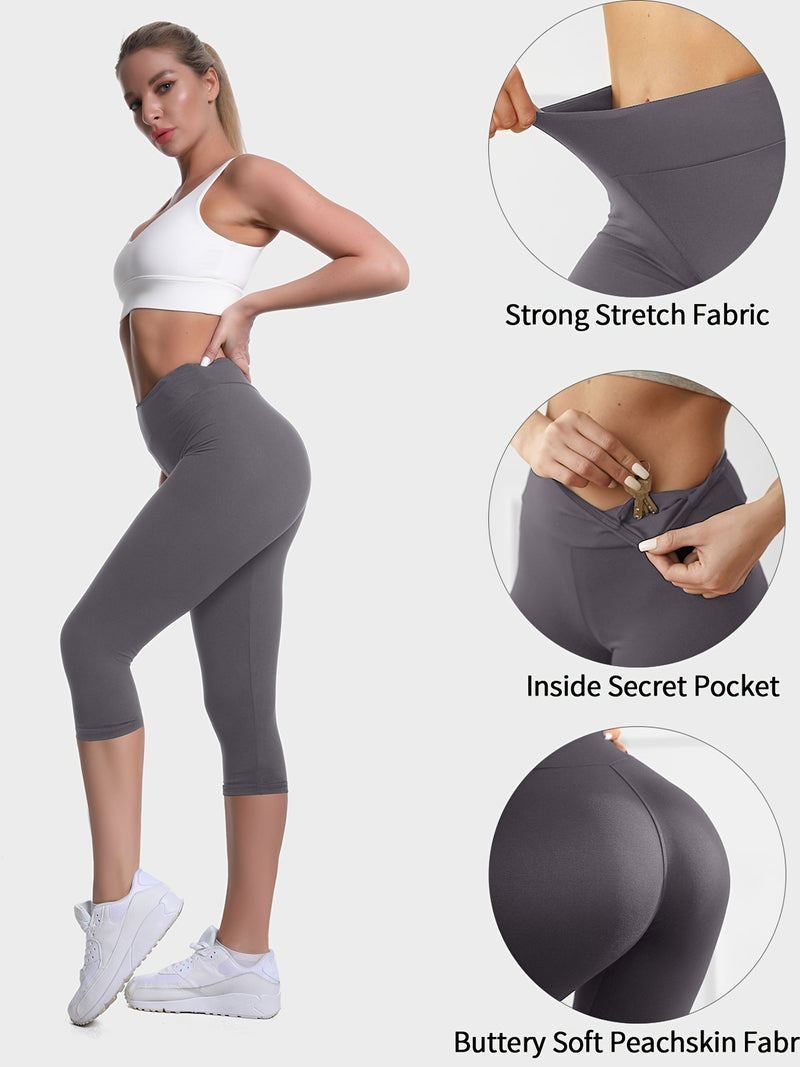 بنطال ليجنز كابري نسائي بمقاس كبير، خصر مرتفع للتحكم في البطن، مطاط 4 مرات، تفاصيل جيوب، أسود سادة، نسيج محبوك، بوليستر 92%، سباندكس 8%، 210 جم/م²، بنطال يوغا ضيق مناسب لجميع المواسم