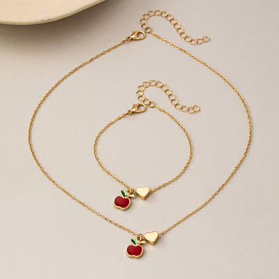 2pcs Set of Exquisite and Elegant Cute Cherry Heart Bracelet and Necklace Combo