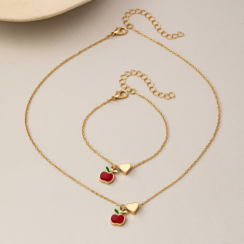 2pcs Set of Exquisite and Elegant Cute Cherry Heart Bracelet and Necklace Combo
