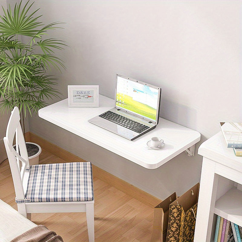Space-Saving White Wooden Wall-Mounted Folding Desk - Adjustable & Foldable Computer Monitor and Laptop Stand with Cork Material, Ideal for Home & Office Organization, Perfect for Kitchen, Dorms