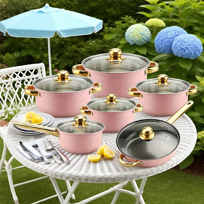 18pcs Pink Stainless Steel Cookware Set with Non-Stick Pans & Lids - Induction Compatible, Stackable Space-Saving Design, Golden-Toned Black Lids & Black Utensil-Friendly Sides, Heat-Resistant Durable 410 Stainless Steel Cons