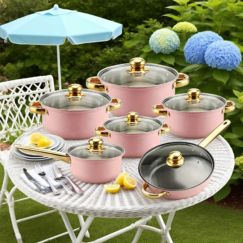 18pcs Pink Stainless Steel Cookware Set with Non-Stick Pans & Lids - Induction Compatible, Stackable Space-Saving Design, Golden-Toned Black Lids & Black Utensil-Friendly Sides, Heat-Resistant Durable 410 Stainless Steel Cons