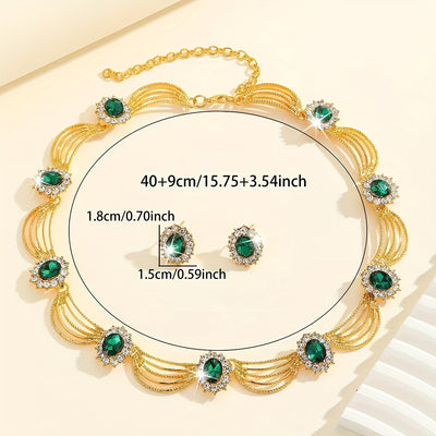 Pair of earrings + a green rhinestone necklace, blingbling sparkling luxury jewelry set, perfect for dance parties and gifting