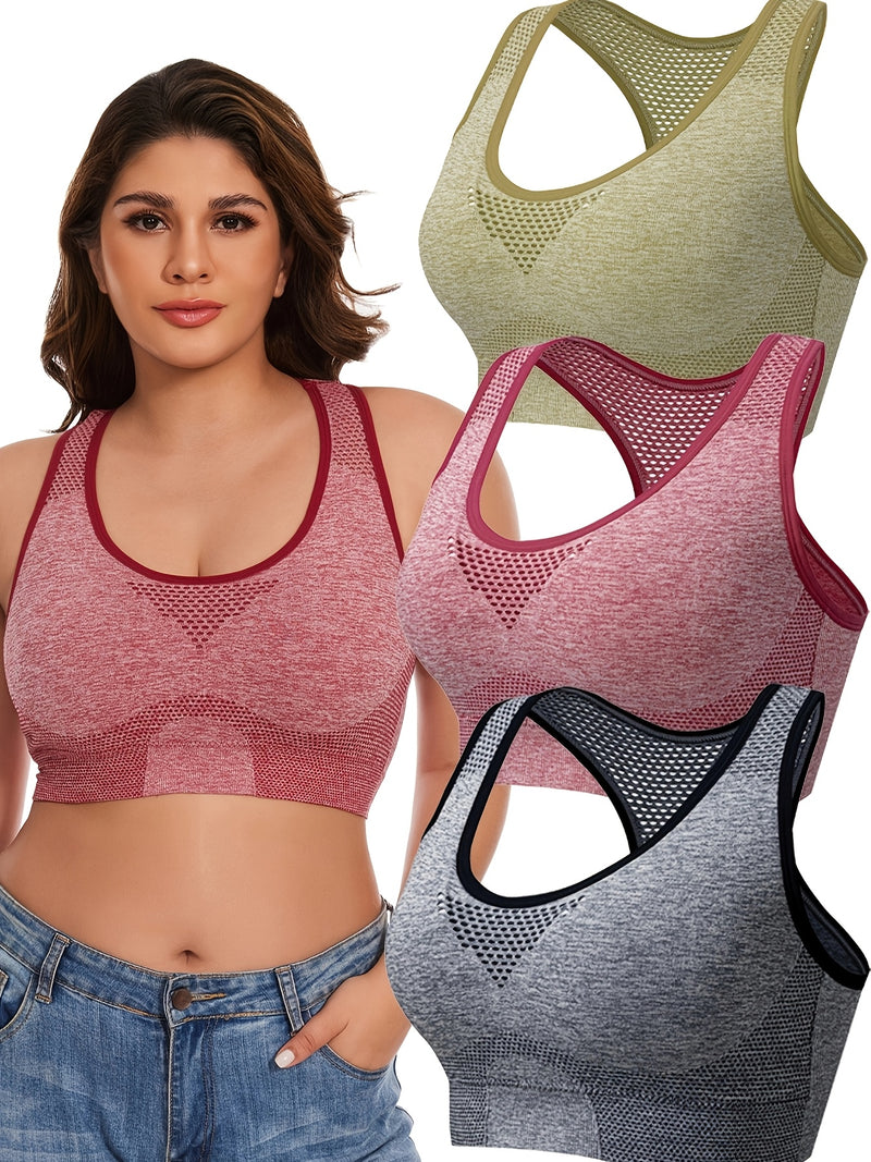 3pcs Plus Size Sports Bras, Polyamide Blend, Hollow Mesh Design, Low Support, Removable Padding, Crew Neck, Medium Stretch, Knit Fabric, with Casual Wear for Women&