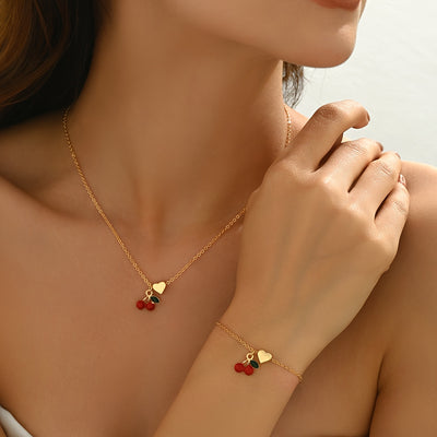 2pcs Set of Exquisite and Elegant Cute Cherry Heart Bracelet and Necklace Combo