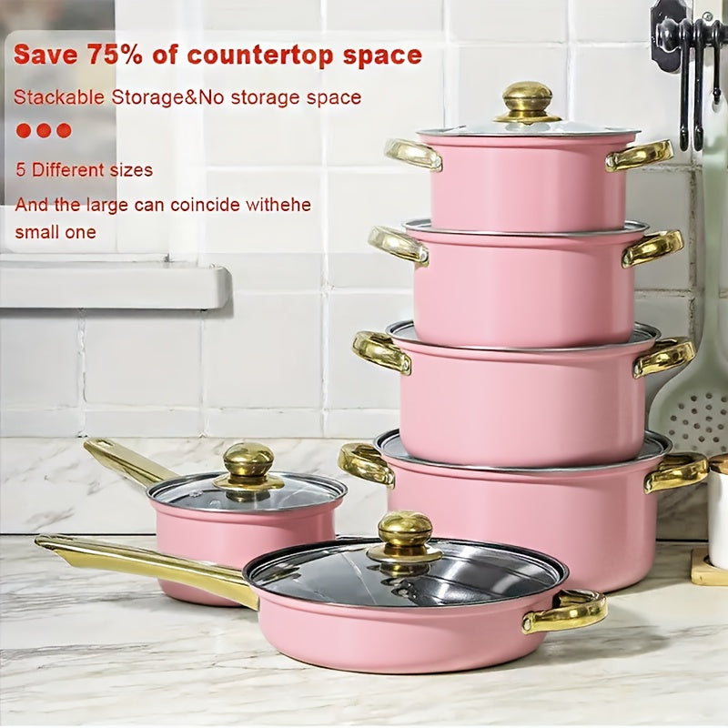 18pcs Pink Stainless Steel Cookware Set with Non-Stick Pans & Lids - Induction Compatible, Stackable Space-Saving Design, Golden-Toned Black Lids & Black Utensil-Friendly Sides, Heat-Resistant Durable 410 Stainless Steel Cons