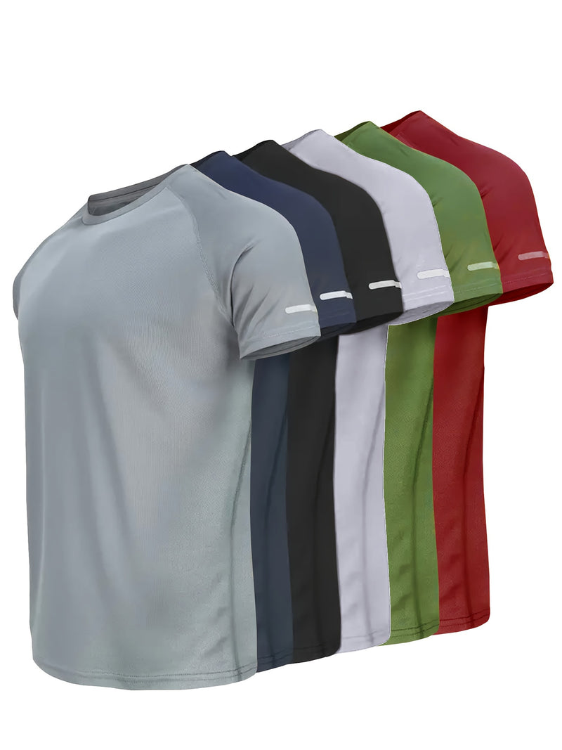 6pcs Moisture-Wicking Quick-Dry Athletic T-Shirts with Reflective Stripes - Breathable Gym Running Shirts in Grey/Navy/Black/White//Red, Workout Shirts, Casual Sporty Look, Breathable Fabric, Smooth Texture Shirt, Sports Perf