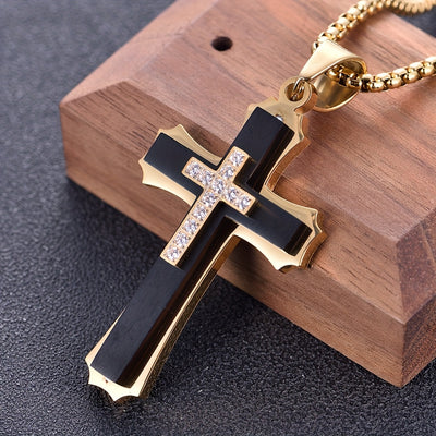 Alpaca Men's 202 Stainless Steel Multi-Layer Cross Pendant Necklace with Black Enamel & Accents - Edgy Modern Design for Festive Occasions, Parties, Music Festivals - Year-Round Versatile Jewelry, Festival Necklace, Intricate