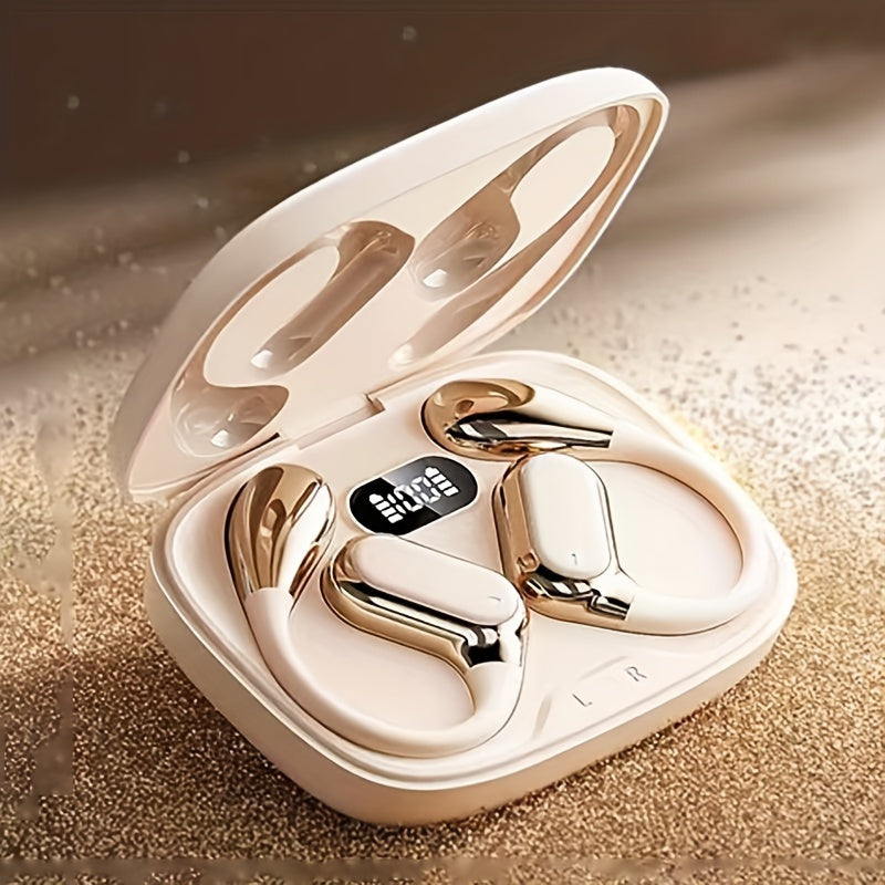 Open Ear Clip Headphones Wireless Non-In-Ear Hanging Sports Headphones for Running, Cycling and Car Use E-Sports Gaming Music Headphones with Long Standby Time Large Capacity Charging Case Smart Digital Display