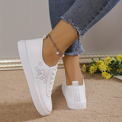 Women's Heart Pattern Sneakers, Casual Lace Up Outdoor Shoes, Comfortable Low Top Faux Leather Shoes
