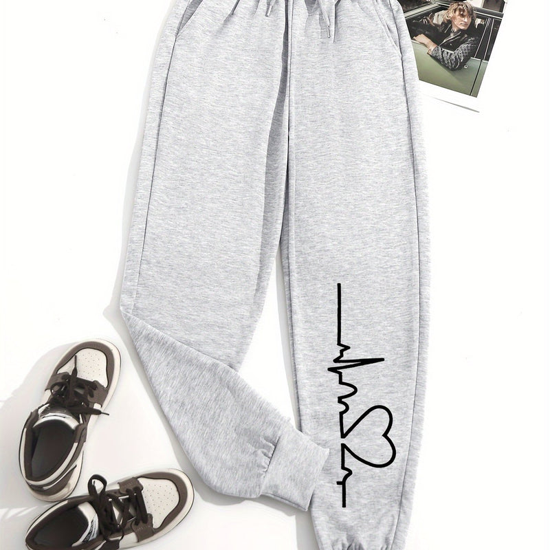 بنطلون رياضي مرن مطبوع عليه قلب للنساء، بنطلون رياضي عالي الخصر برباط، بنطلون كاجوال يومي، ملابس نسائية