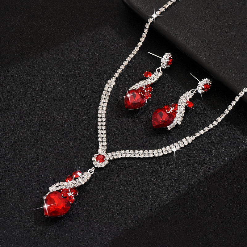 One Necklace + One Pair of Earrings Two-Piece Set Love Heart Necklace and Earrings Wedding Jewelry Suitable for Dress Banquet Wear