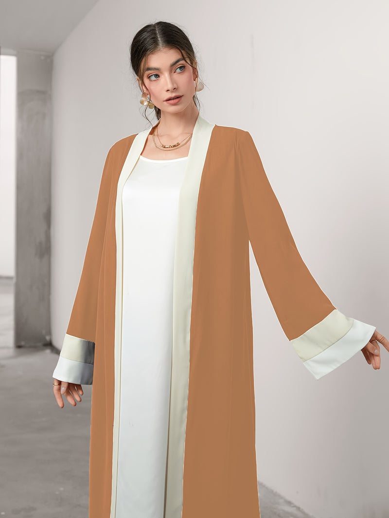 Cozy Comfort, Elegant Black and Cream Long Robe with Ruffle Sleeves - Polyester, Machine Washable, Casual Style for Women - Perfect for Spring/Summer/Fall