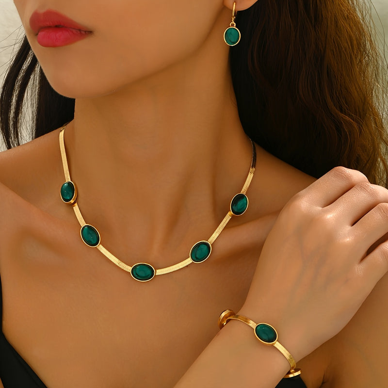 4pcs elegant and luxurious imitation Created-Emerald necklace, earrings and bracelet set, as well as a Women&