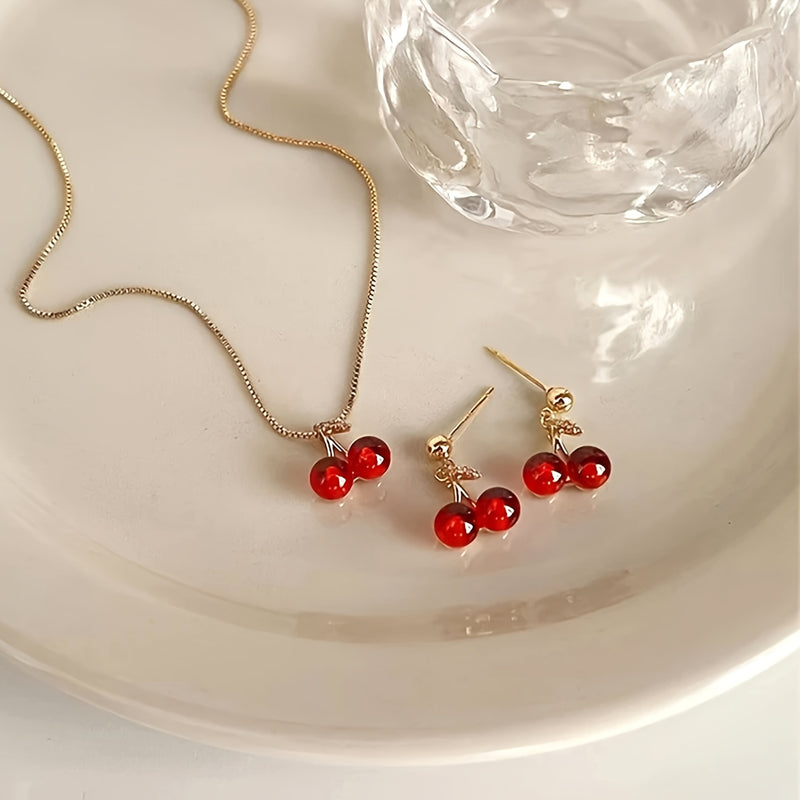 NEW 3pcs set, red cherry fruit earrings and necklace, high-quality jewelry, upgraded cute earrings and necklace, premium decorative earrings, suitable for daily wear, wedding season accessory, perfect gift for best friends, c