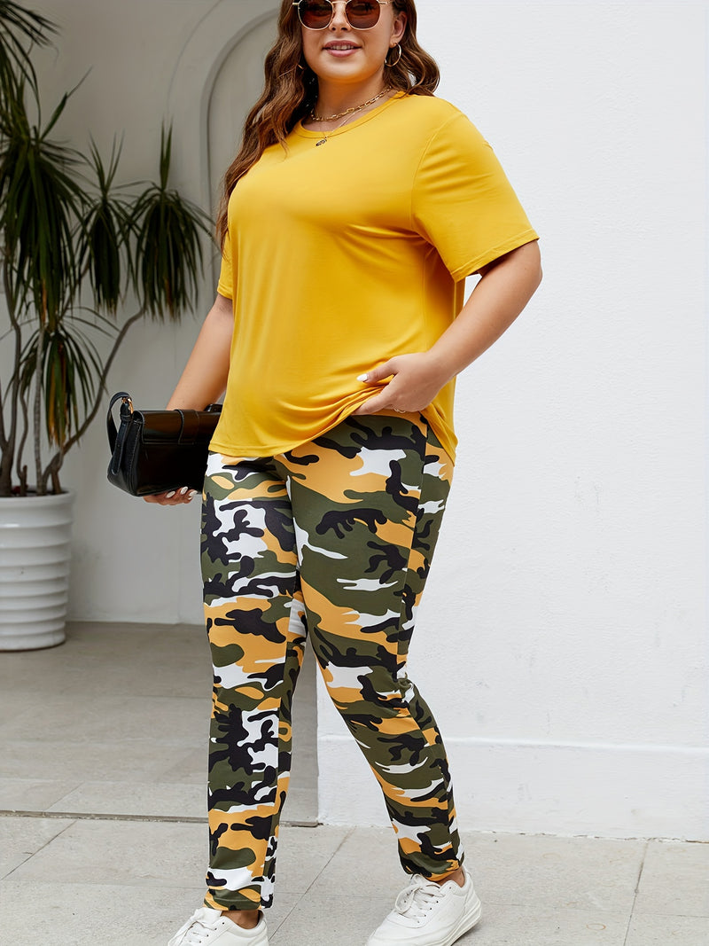 Plus Size Sports Outfit 2-pieces Set For Women, Digital Printing, Round Neck T-Shirt And Camouflage Pants, Comfortable And Versatile Wear