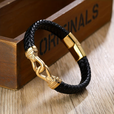 Men's 18K Gold Plated Plated 304 Stainless Steel Leather Bracelet - Braided Leather Strap with Golden-Tone Intertwined Rings, Durable & Stylish Jewelry for Casual Formal Wear