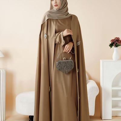 Women'S Elegant Muslim Abaya - Heavy Rhinestone-Embellished Long Sleeve Shawl Robe with Batwing Sleeves & Floor-Length Design, Loose Fit Islamic Dress for Ramadan, Prayer, Daily Wear - Modest Muslim Clothing (MOA067), Abaya F