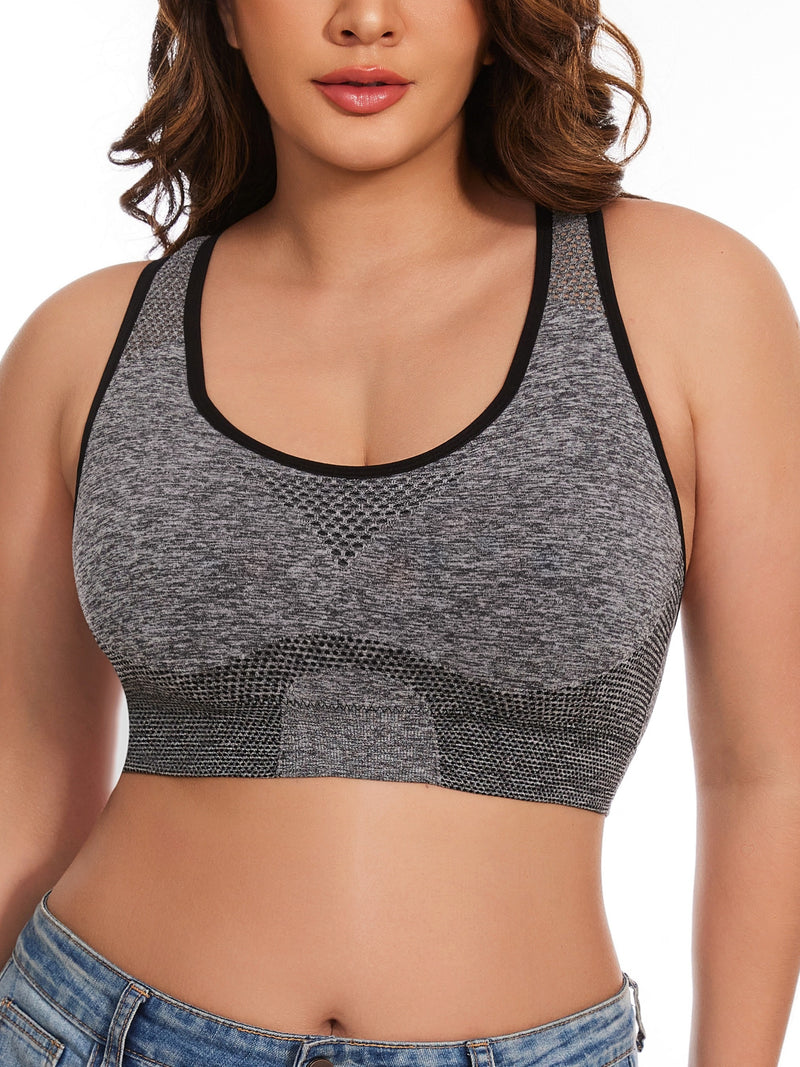 3pcs Plus Size Sports Bras, Polyamide Blend, Hollow Mesh Design, Low Support, Removable Padding, Crew Neck, Medium Stretch, Knit Fabric, with Casual Wear for Women&