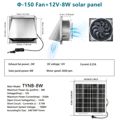Wall-mounted ventilation fan kit, Φ150mm/Φ100mm fan + 8W solar panel included, suitable for bathroom and kitchen ventilation solutions. Durable stainless steel wall-mount exhaust fan provides excellent airflow