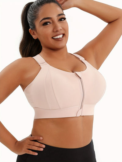 A Women'S Front-Zip Sports Bra, Featuring High Support And Plus Sizes, with Adjustable Straps, Suitable for Yoga, Fitness, And Workouts.