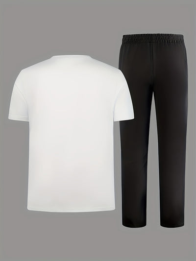 Men'S Casual Sports Two-Piece Set Short Sleeve Top Straight Leg Pants with Paris Print, Fashionable And Trendy, Ideal for Summer, Parties, Casual Outings, And Everyday Wear, Everyday Wear|Short Sleeve Top|Print Trousers