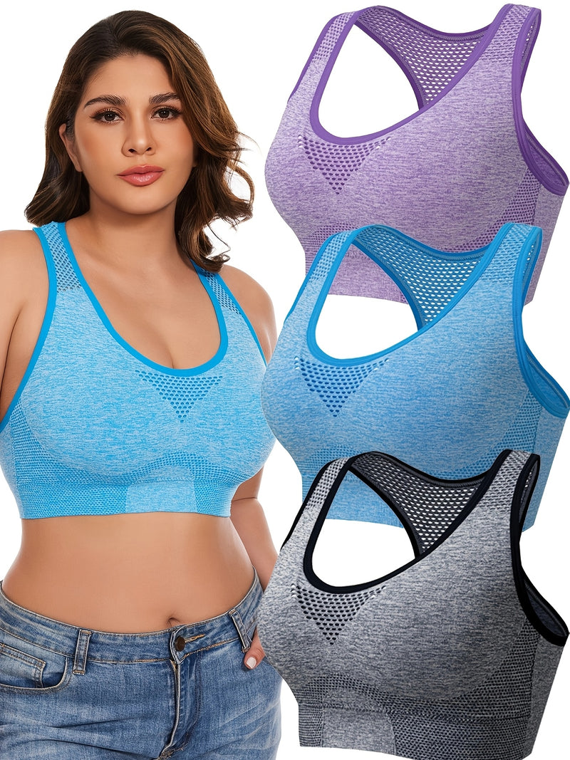 3pcs Plus Size Sports Bras, Polyamide Blend, Hollow Mesh Design, Low Support, Removable Padding, Crew Neck, Medium Stretch, Knit Fabric, with Casual Wear for Women&