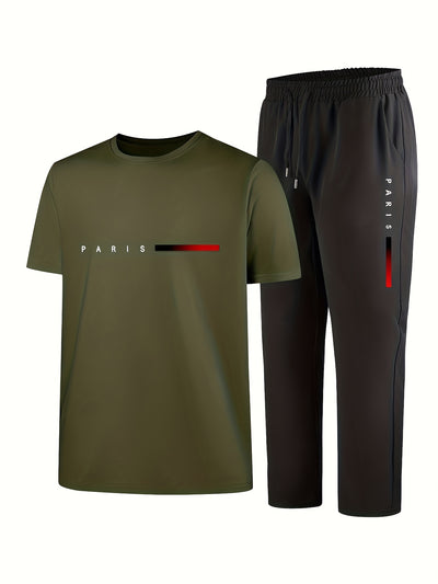 Men'S Casual Sports Two-Piece Set Short Sleeve Top Straight Leg Pants with Paris Print, Fashionable And Trendy, Ideal for Summer, Parties, Casual Outings, And Everyday Wear, Everyday Wear|Short Sleeve Top|Print Trousers