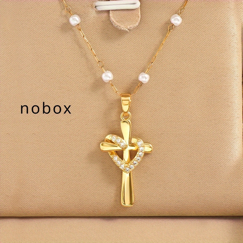 Golden Plated Stainless Steel Chain Golden Plated-Plated Cubic Synthetic Zirconia Cross Pendant Necklace - Retro Design, Stylish and Trendy Minimalist Unisex Necklace for Men and Women, Perfect for Streetwear, Daily Wear, or