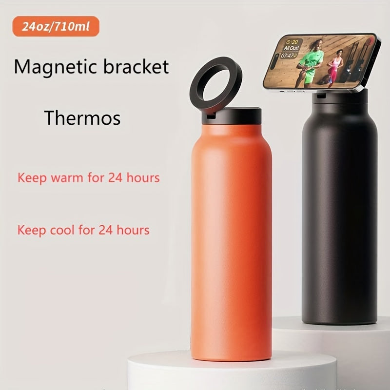 1pc Stainless Steel Insulated Water Bottle with Car Cup Holder & Phone Stand - Thick, Durable for Outdoor Sports