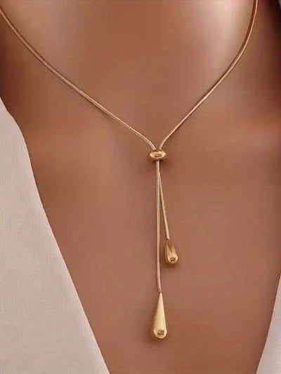 Women'S Elegant 18K Golden Plated Stainless Steel Necklace with Adjustable Chain & Water Drop Tassel - Luxury Minimalist Jewelry for Parties, Banquets, Halloween & Christmas - Year-round Versatile Necklace