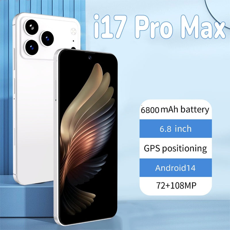 I17 Pro Max The global version of the smartphone, equipped with the Android 14 system, features a 6.8-inch high-definition screen, 12GB of RAM and 512GB of storage space, 72MP + 108MP cameras. It is a mobile smartphone.
