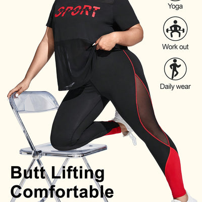Plus Size Yoga Casual Sports Mesh Patchwork Logo Print Short Sleeve Set, Elegant Style, Crew Neck, High Stretch Fabric, All-Season Wear, with Butt Lifting and Comfortable Soft Compression Fit