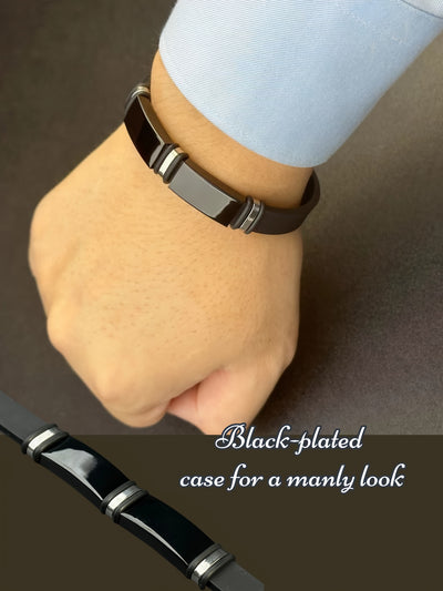 1pc Men'S Stainless Steel Adjustable Cuff Bracelet, Gunmetal Black Plating, Casual Style, Fashion Accessory, with Silicone Lining for Jewelry Gift