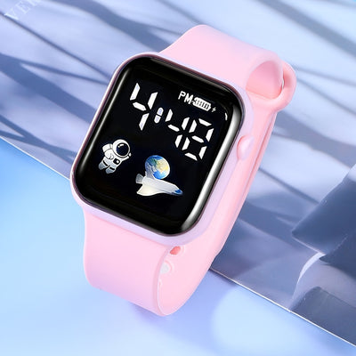 Girls' Cute Airplane Astronaut Digital with Glow-in-the-Dark Hands & Bow Tie Jewelry Set - Silicone Strap, Square Case, Non-Waterproof, Battery-Powered, Perfect For Spring Festival, Campus Events, And Casual Wear, Playful Des