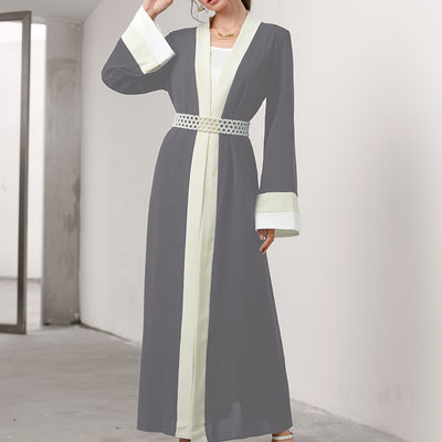 Cozy Comfort, Elegant Black and Cream Long Robe with Ruffle Sleeves - Polyester, Machine Washable, Casual Style for Women - Perfect for Spring/Summer/Fall